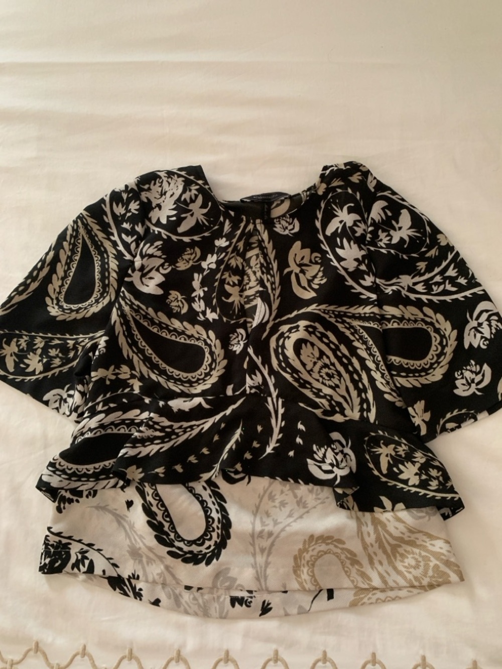 BCBGMaxAzria Black and White Paisley Peplum Top